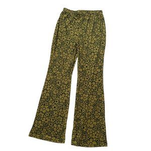 Cider Green Flower Velvet Wide-Leg Flare Pants Funky Retro 70s Loungewear Large